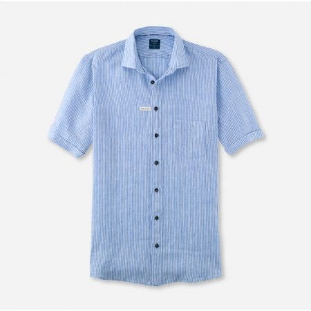 Olymp Casual Blue Stripe Linen Short Sleeve Shirt