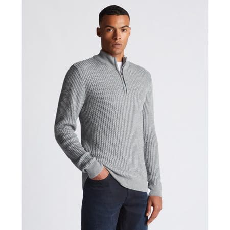 Remus Uomo Grey Cable Knit Half Zip Sweatshirt