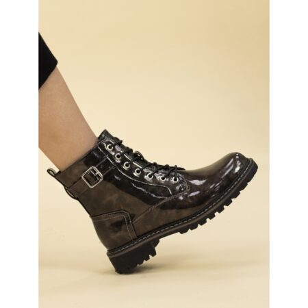 Lunar Parlour Grey Patent Combat Boots