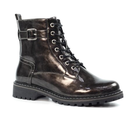 Lunar Parlour Grey Patent Combat Boots