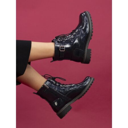 Lunar Parlour Navy Patent Combat Boots